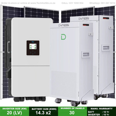 20kw Hybird LV Inverter - 2x 14KWh Dyness Battery + 30 Solar PV Panels