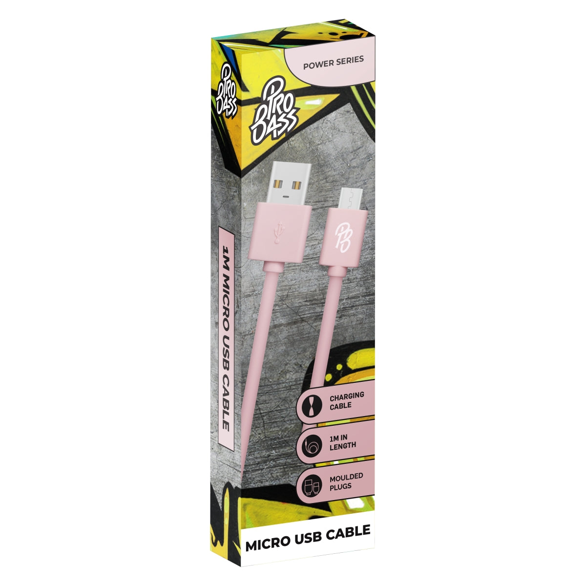 Pro Bass Power series Boxed round Micro USB Cable- Pastel Pink 1m