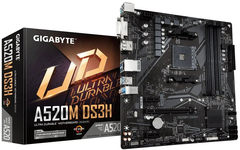 GIGABYTE-AMD-A520M-DS3H--for-3rd-Generation-AMD-Ryzen™-processors;-4x-Dual-DDR4;-1x-M2;-HDMI;-DVI;-DP